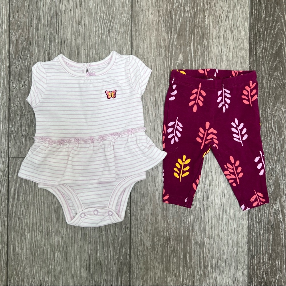 CARTERS 2PC SHORT SLEEVE BODYSUIT PANTS OUTFIT PURPLE 3MO
